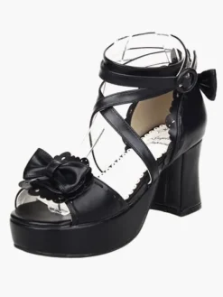 Noir Lolita sandales poney talons plateforme cheville bretelles Bow Déguisements Halloween