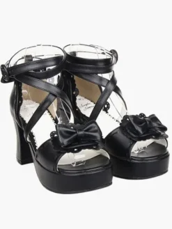 Noir Lolita sandales poney talons plateforme cheville bretelles Bow Déguisements Halloween