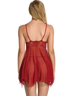 Nuisette Lingerie Sexy en Dentelle avec Bretelles à Col Décolleté en V Coupe Cintrée Bas Evasée avec Dos Nu Unicolore