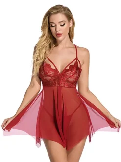 Nuisette Lingerie Sexy en Dentelle avec Bretelles à Col Décolleté en V Coupe Cintrée Bas Evasée avec Dos Nu Unicolore