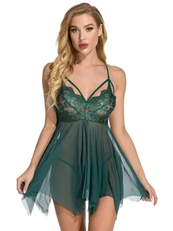 Nuisette Lingerie Sexy en Dentelle avec Bretelles à Col Décolleté en V Coupe Cintrée Bas Evasée avec Dos Nu Unicolore