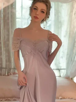 Nuisette longue de mariée en dentelle blanche dos nu lingerie sexy