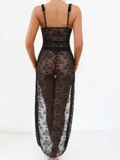 Nuisette longue noire à fleurs robe maxi en tulle transparent fendue dentelle lingerie sexy