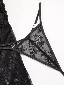 Nuisette longue noire à fleurs robe maxi en tulle transparent fendue dentelle lingerie sexy