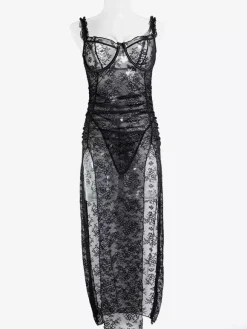 Nuisette longue noire sexy gainante dos nu découpée en polyester lingerie