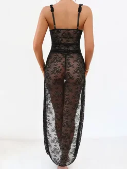 Nuisette longue noire sexy gainante dos nu découpée en polyester lingerie