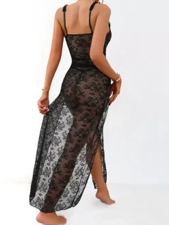 Nuisette longue noire sexy gainante dos nu découpée en polyester lingerie
