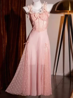Nuisette longue rose en dentelle à fleurs et pois dos nu transparent lingerie sexy