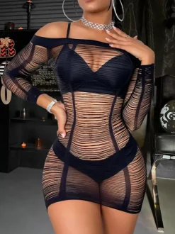 Nuisette Mini-Robe Transparent Col En Bateau En Maille Sexy