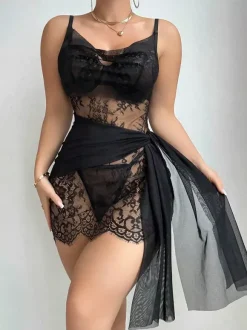 Nuisette noire à bordure en dentelle babydoll transparente en tulle lingerie de nuit