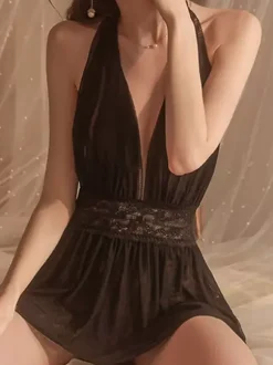 Nuisette sexy en dentelle rose dos nu et tulle style babydoll.