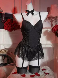 Nuisette en dentelle rose dos nu pour femme