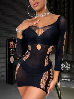 Nuisette En Résille Femme Découpé Tenu De Club Noir Avec Strass Lingerie