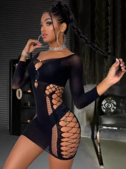 Nuisette En Résille Femme Découpé Tenu De Club Noir Avec Strass Lingerie