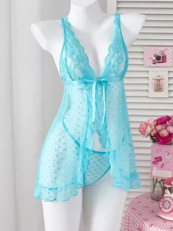Nuisette rose en dentelle dos nu à pois roses transparents avec n艙ud papillon