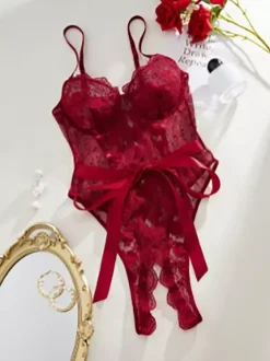 Nuisettes en dentelle bleue transparente et sexy sans entrejambe pour femmes