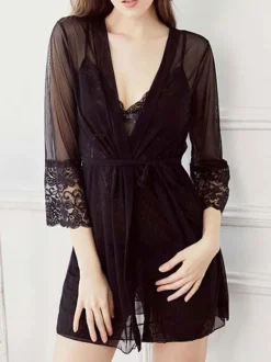 Nuisettes Ensembles 3 Pièces en Mousselines Robe avec Bretelles à Col Décolleté en V avec N艙ud Veste Manches Longues Sexy