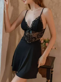 Nuisettes Lingerie Femme Noir Dos Nu Dentelle Polyester Sexy Vêtements de Nuit