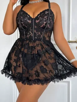 Nuisettes Lingerie Sexy Dentelle Noire Imprimé Floral Polyester 2 Pièces Robe Pyjama Vêtements de Nuit