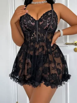 Nuisettes Lingerie Sexy Dentelle Noire Imprimé Floral Polyester 2 Pièces Robe Pyjama Vêtements de Nuit