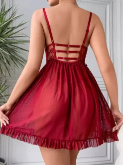 Nuisettes Babydoll rouges semi-transparentes en dentelle décontractées et chics au quotidien