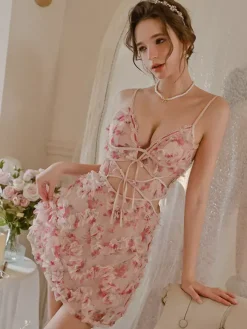 Nuisettes Lingerie Femme Rose Découpe Imprimé Floral Polyester Sexy Vêtements de Nuit