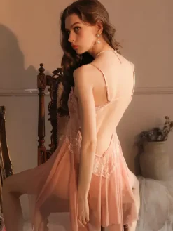 Nuisettes Lingerie pour femme Abricot Dentelle Superposée Polyester Vêtements de nuit sexy