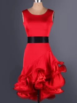 Organza de Costume de danse latine ronde irrégulière de ton cou sans manches deux volants robe de danse latine avec ceinture Déguisements Halloween