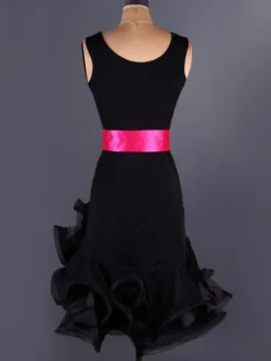 Organza de Costume de danse latine ronde irrégulière de ton cou sans manches deux volants robe de danse latine avec ceinture Déguisements Halloween