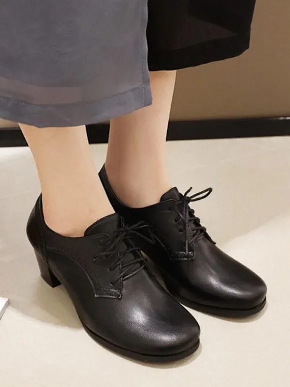 Oxfords marron femmes bout rond lacées chaussures oxford talon bloc