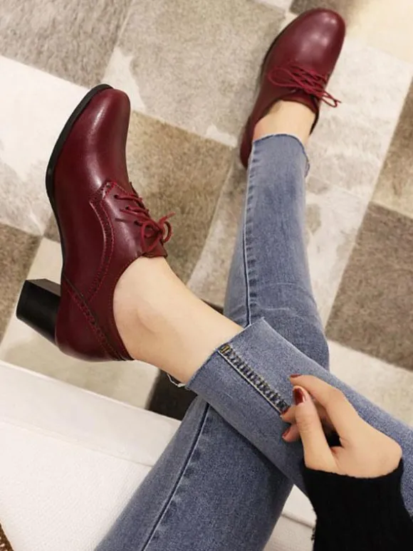 Oxfords marron femmes bout rond lacées chaussures oxford talon bloc
