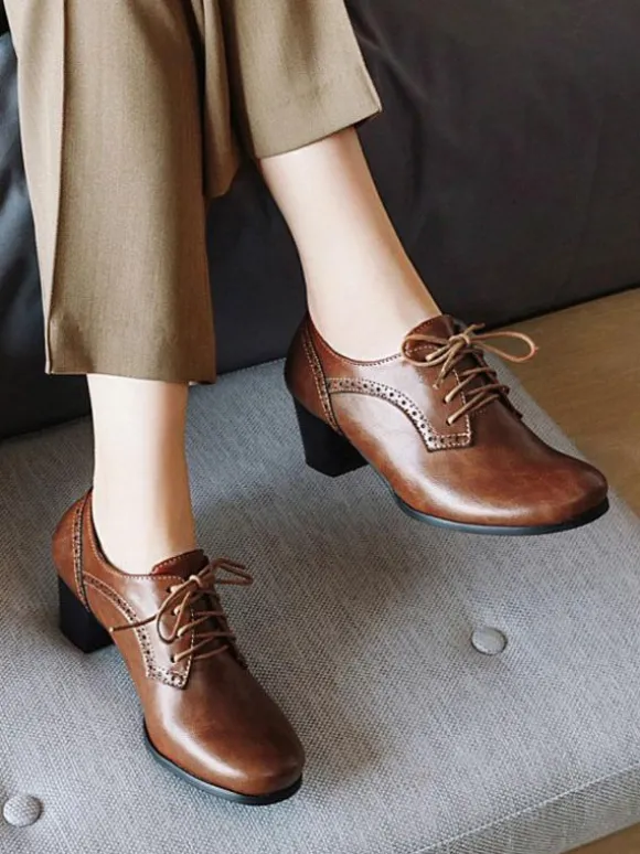 Oxfords marron femmes bout rond lacées chaussures oxford talon bloc