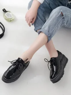 Oxfords noirs femmes bout carré en cuir Synthétique à lacets chaussures décontractées à plateforme