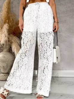 Pantalon blanc taille haute en dentelle florale à jambes larges