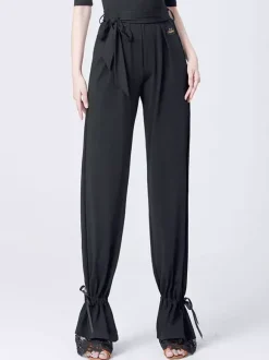Pantalon de danse latine taille haute pour femme avec ruban
