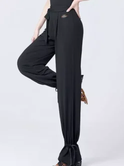 Pantalon de danse latine taille haute pour femme avec ruban