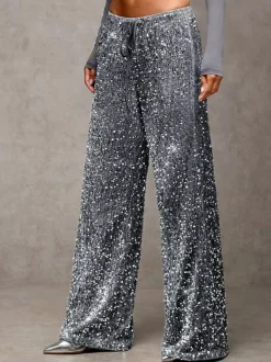 Pantalon de soirée à paillettes et cordon de serrage jambes larges pour femmes collection 2026