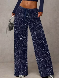 Pantalon de soirée à paillettes et cordon de serrage jambes larges pour femmes collection 2026
