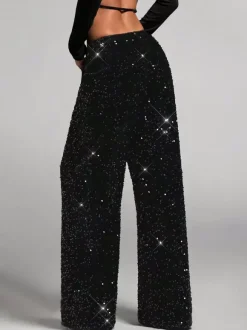 Pantalon de soirée à paillettes et cordon de serrage jambes larges pour femmes collection 2026