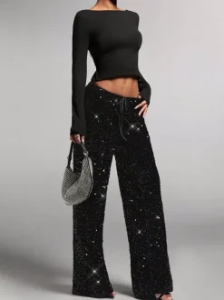 Pantalon de soirée à paillettes et cordon de serrage jambes larges pour femmes collection 2026