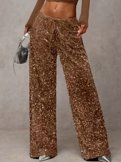 Pantalon de soirée à paillettes et cordon de serrage jambes larges pour femmes collection 2026