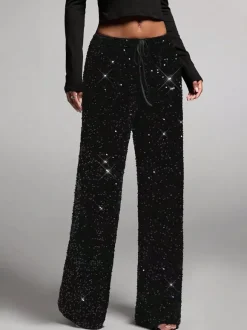 Pantalon de soirée à paillettes et cordon de serrage jambes larges pour femmes collection 2026