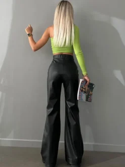 Pantalon en cuir PU avec cordon de serrage et taille surélevée pour femme