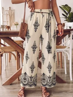 Pantalon imprimé abricot à lacets et taille haute
