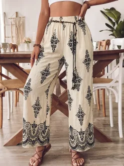 Pantalon imprimé abricot à lacets et taille haute