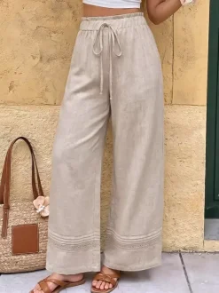 Pantalon large en lin mélangé pour femme cordon de serrage ourlet en dentelle taille élastique style décontracté