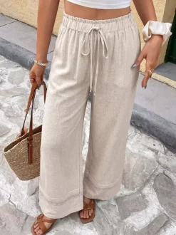 Pantalon large en lin mélangé pour femme cordon de serrage ourlet en dentelle taille élastique style décontracté