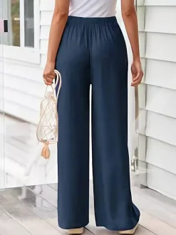 Pantalon large pour femme - Pantalon fluide décontracté à taille élastique et cordon de serrage - Vacances d'été à la plage 2026