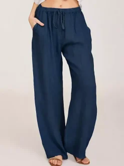 Pantalon large pour femme - Pantalon fluide décontracté à taille élastique et cordon de serrage - Vacances d'été à la plage 2026