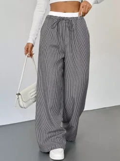 Pantalon large rayé noir et blanc pour femme taille élastiquée contrastée avec cordon de serrage style décontracté